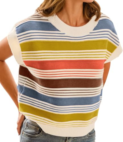 FireSwan Womens Striped Cap Sleeve Sweater Vest Cute Color Block Tank Tops