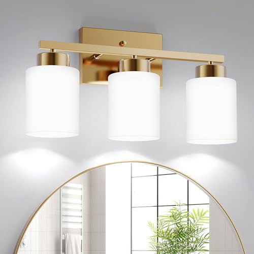 PARTPHONER 3-Light Brushed Gold Bathroom Light Fixtures, Modern Vanity Light Over Mirror Lighting, Wall Sconce with Frosted Milky White Glass Shades for Bedroom Living Room Kitchen Hallway
