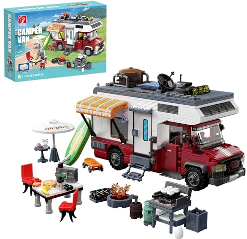 TYCOLE City Wohnmobil Bauset - Strand-Camping-Abenteuer Wohnwagen Konstruktionsspielzeug mit Mini-Zubehör & Licht, Campingbus Modell, Geschenk für Kinder Mädchen und Jungen ab 6+ (880 Teile)