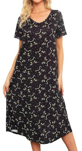 ENJOYNIGHT Long Nightdress for Women Short Sleeve V Neck Print Nightgown | Soft Loose Nighties, Casual Nightwear, Calf Length, Two Side Pockets
