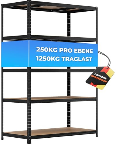 ALL Premium Schwerlastregal 180x120x60 cm Schwarz 1250kg Traglast, schwerlastregal 60 cm tief geeigent als Lastenregal, Regal 120 cm breit & Schwerlastregal 120 breit, Vorratsregal Speisekammer