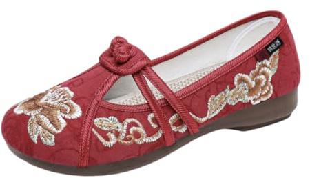 Auhoho Women’s Chinese Style Embroidered Shoes Old Beijing Canvas Ballet Flats Floral Traditional Cheongsam Slip On Loafers 8 US,Red