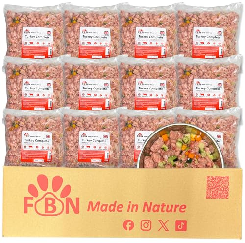 Raw Dog Food Turkey Complete 12kg Box – BARF Premium British Meat Frozen Dog Food 1kg Bags Premium Meat Recipe – Complete Dog Food with Vegetables & Botanicals for Working Dogs