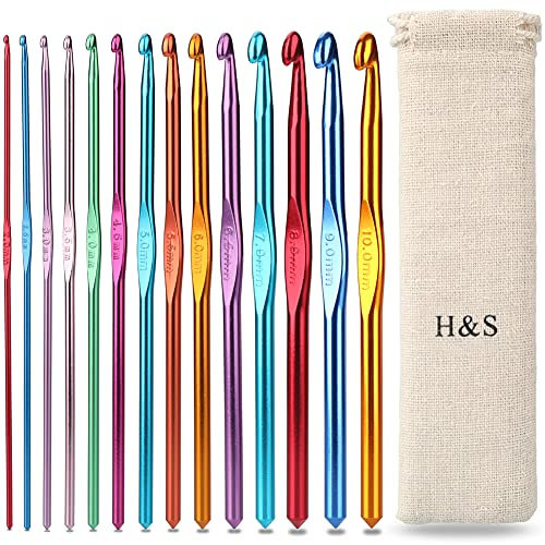 H&S Häkelnadel Set - 14-teilig - Aluminum Häkelset mit Ergonomischen Griff - Häkeln & Stricken auch für Anfänger & Kinder - Mit Kostenlosen Häkel Etui - Häckelnadeln - Stricknadeln - Häkelset