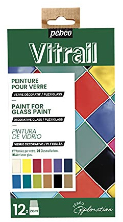 Pébéo Vitrail Exploration Set - Glass Painting Kit - Transparent and Glossy Glass Paint - 12 x 20 ml Bottles in Assorted Colours