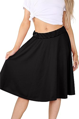 Hamishkane® Knee Length Midi Skirts for Women UK, Elasticated Waist Plain Women's Skirts, Flared Swing Jersey Skater Tartan Skirt for Casual and Daily Wear Black