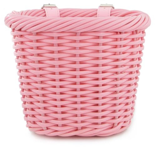 MEGHNA Fahrradkorb Kinder,Vorne Geflochtene Körbchen für Mädchen,verstellbar Fahrradkorb mit Lederbänder,Mini Lenkerkorb Fuer kinderfahrrad rosa