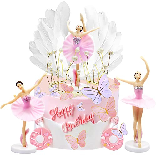 ZIOYA 5 Stück Ballerina Tortendeko Dekoration Ballerina Kuchenaufsatz Ballerina Ballett Mädchen Tanzende Deko Kuchen Topper Krone ​Engelsflügel Geburtstagstorten mit Bringe 20 Schmetterlinge