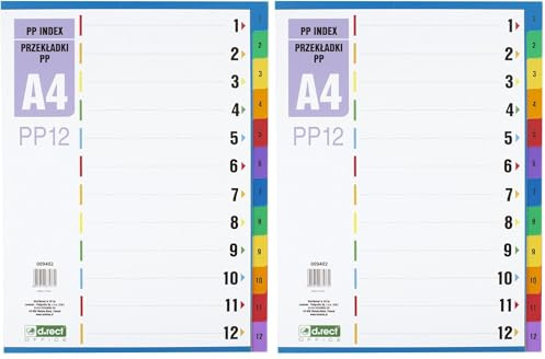 D.RECT Separador para A4, PP12, 12 separadores, registros de anillas con impresión numérica 1-12, multicolor, separador de colores de polipropileno, polipropileno (Paquete de 2)