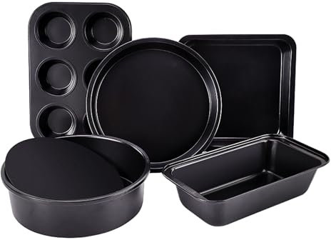 Backformen Antihaft-Set, 5-teiliges Backformen-Set mit runder / quadratischer Kuchenform, Muffinform, Kastenform, Bratpfanne, Backbleche für Ofen