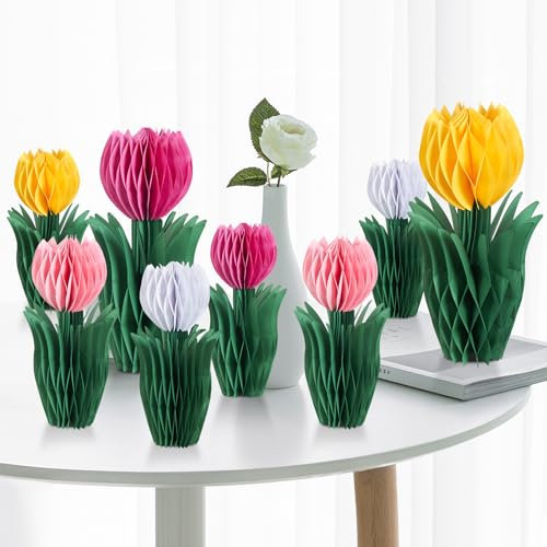 SUNBEAUTY 8 Stück Tulpen Wabenbälle Weiß Rosa Papier Blumen Dekoration Gelb Tulpe Dekor für Tischdekoration Geburtstag Hochzeit Frühling Deko