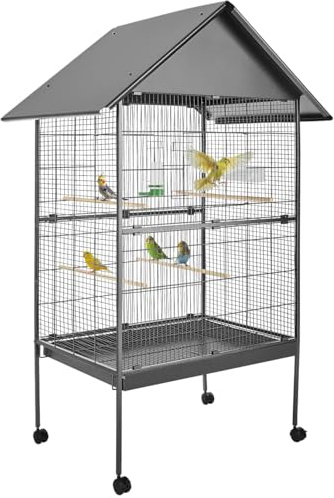 tectake® Cage à Oiseau avec Toit Voliere Oiseaux Interieur Cage Perroquet sur roulettes 85x60x168cm avec bac à Sable, Grand mangeoire & 4 perchoir Oiseaux, idéal Perroquet Perruche canari calopsitte