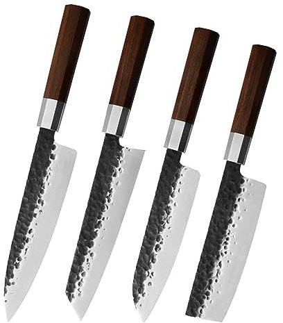 FBITE Cuchillo de cocina de cocina japonesa, juego de cuchillos de martillo con mango octogonal de palisandro, cuchillo de sashimi de 4 piezas, cuchillo de chef de carnicero