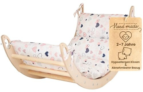 WoodsCraft Kletterbogen mit Kissen - Holz Klettergerüst Indoor - Hypoallergen Kissen für Kletterbogen, Holzwippe, Bogenwippe - Montessori Kletterspielzeug - Baby Klettern Indoor - Wippe Kinder