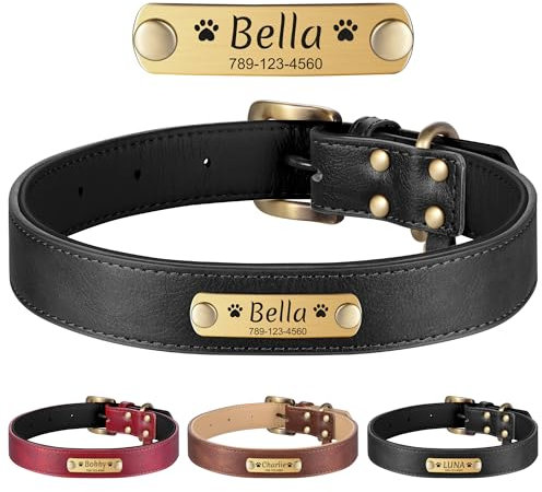 YEHANTI Hundehalsband Personalisiert, Verstellbares Hundehalsband für Welpen Kleine Mittel Große Hunde, Hunde Halsbänder aus Leder, Langlebig Halsband Hund mit Name und Telefonnummer, Schwarz