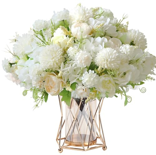HNVNER Artificial Peony Flowers White 4 Pack Faux Silk Hydrangea Bouquets Fake Realistic Flower for Home Hotel Office Arrangement Wedding Party Decoration