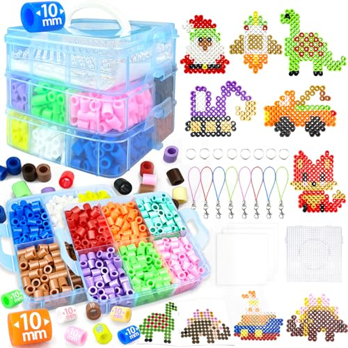 Set Perline da Stirare-10 MM,12 Colori XL Perline a Fusione con Custodia, Pegboard, Guida Utente, Decorazioni,Set Gioco Creativo Natalizio Fai Da Te Regali Compleanno Natalizio per Bambini di 3+ Anni