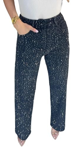 NRTHYE Pantalon taille haute pour femmes, jeans à strass, coupe large et droite, brillant, diamants, denim décontracté, Noir , L