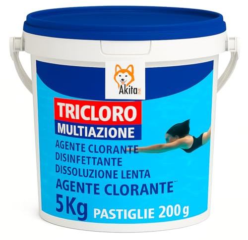 Akitaink TRICLORO 90% Cloro Piscina 5 kg | Pastiglie da 200g a Lenta Dissoluzione, Effervescente, per Skimmer e Dosatori Galleggianti