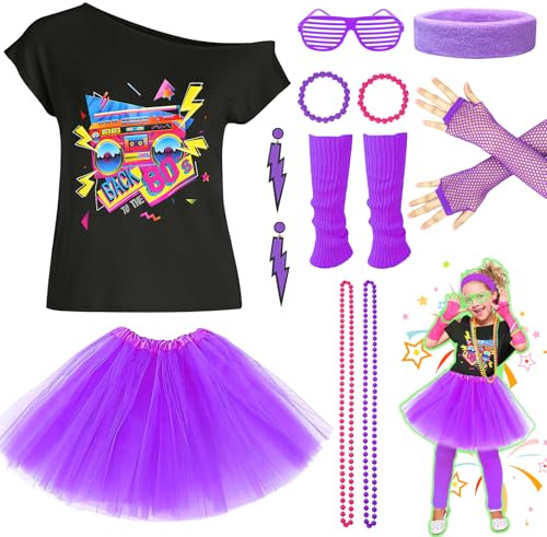 UxClishe 80s Costume Accessories Set, Fancy Dress Neon Party Outfit with T-shirt Tutu Skirt Fishnet Gloves Leg Warmers Earrings Bracelets Necklaces Glasses Headband for Retro Party Cosplay