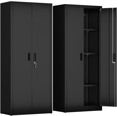 FlairVibe Metal Storage Cupboard with 2 Door and 3 Adjustable Shelves,170CM Lockable Storage Cabinet,Garage,Home,Office,Easy Assemble Required（Black