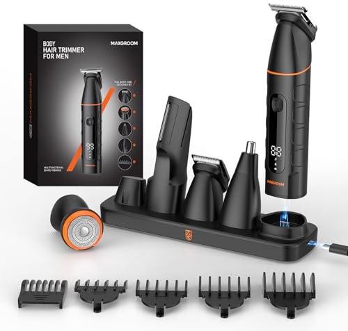 MAXGROOM Tondeuse Corps Homme, 5 en 1 Multifonction Rasoir Électriques Hommes, 7000RPM Tondeuse Partie Intime Professionnelle, 120 Mins d'Autonomie USB-C Rasoir Testicule Kit pour Nez, Jambes