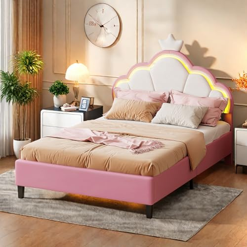 FUCMKON Kinderbett 90x200 mit Lattenrost,Mädchen Bett mit LED,Prinzessin mit Bett Kopfteil,Bett für Kinder ab 8-14 Jahre,Samt,Ohne Matratze (Rosa A, 9x200 cm)
