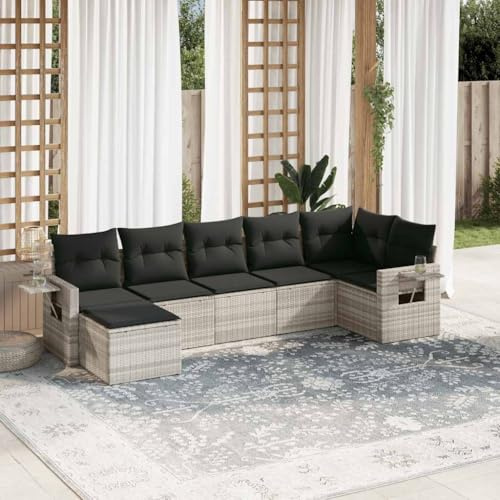 Owoxanthellate Set di divani da giardino, 7 pezzi, grigio chiaro, in polyrattan, divano centrale e sgabello, con ripiani pieghevoli, resistenti alle intemperie, modulare, per terrazze, balconi e