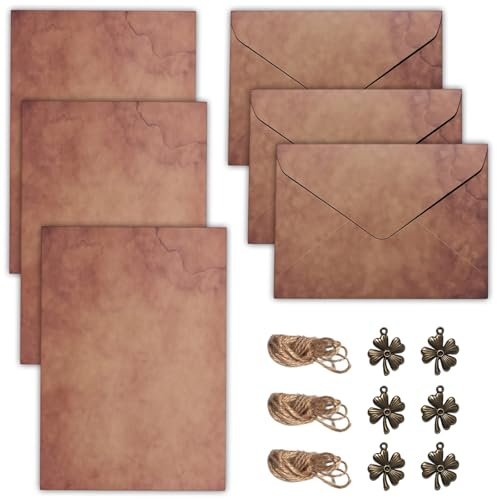 Carta Da Lettere Con Busta, Pergamena Da Scrivere, Carta Da Lettere, Set Di Cancelleria Vintage Con Quadrifoglio, 6 Buste, 12 Fogli, Ciondoli In Metallo E Corda Di Canapa Per Inviti E Auguri