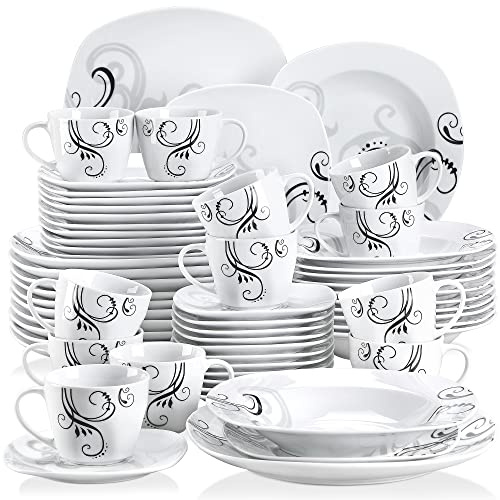 VEWEET 'Zoey' 60-Piece Dinner Set Ivory White Black Decals Porcelain Ceramic Combination Sets with Cups/Saucers/Dessert Plates/Soup Plates/Dinner Plates Service for 12, Dishwasher & Microwave Safe