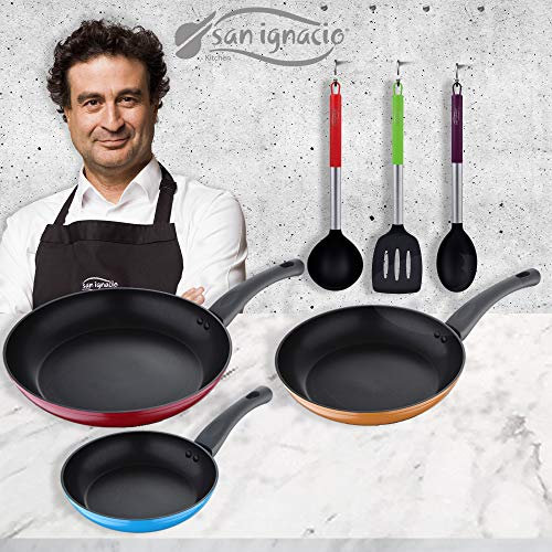 San Ignacio PK1788 sartenes 20/24/28 cms, Aluminio Forjado, inducción, con Set 3 Utensilios de Cocina, Nylon, Multicolor