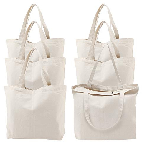 Segarty 6 Packs Canvas Tote Bag with Zipper, 16x13 inch Reusable Washable Grocery Shopping Bags with Handle Plain Canvas Totes for Women Teacher DIY Art Crafts Painting Embroidery Decoration