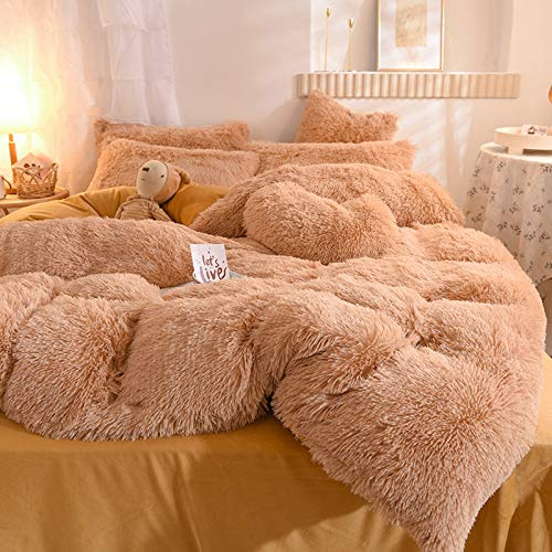 LGYKUMEG Plush Shaggy Duvet Cover Set Luxury Ultra Soft Crystal Velvet Bedding Sets 4 Pieces(1 Duvet Cover + 1 Sheet + 2 Pillowcase),Zipper Closur,87X94,Camel,220 * 240cm