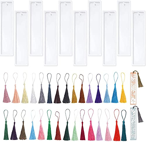 40pcs Molde Resina Epoxi de Marcador de Libro, 10 Piezas Marcapáginas Moldes Silicona con 30 Borlas Coloridas, Molde Rectangular de Resina para Joyería DIY, Regalo para Profesores, Estudiantes