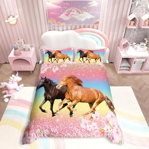 Loussiesd Girls Horse Bedding Set Kids Horses Pink Floral Duvet Cover For Galloping Farmhorse Blossom Flower & Linen Wild Animal Cherry Glitter Daughter Bedroom Double, Multicolor