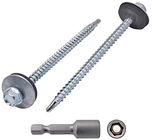 Marcopol Selbstschneidende Schrauben aus verzinktem Stahl, DIN 7504-K, 4,8 x 80 mm, mit EPDM-Unterlegscheiben, Sechskant-Unterlegscheibenkopf, Blechschraube, Packung mit 80 Stück