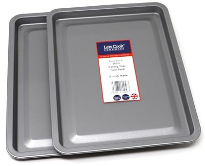 Lets Cook Cookware - 25cm Small Baking Oven Trays, Twin Pack (Set of 2), Double Coated Non Stick, Air Fryer Compatible, British Made