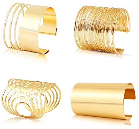 Wodasi 4 Stück Armband Damen Manschette Armreif Set Breit Verstellbare Oberarmreif Damen Gold Armband Oberarm Schmuck, Manschette Armreif Set für Frauen öffnen Breite Draht Armbänder