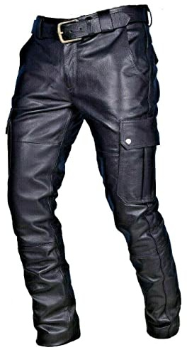 BaronHong Hommes Multi Poches Moto Workwear Slim Fit PU Simili Cuir Pantalon Cargo