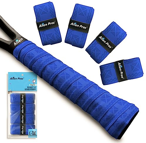 ALIEN PROS Tennis Racket Grip Tape (C-Tac) - Precut and Advanced Tac Feel Tennis Grip 4 Pack Blue - Tennis Overgrip Grip Tape Tennis Racket - Wrap Your Racquet for High Performance