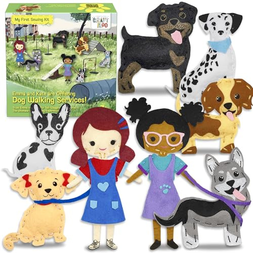 CRAFTILOO 8 Pre-Cut Dogs Stuffed Animal Fun Kids Sewing Kit for Kids Ages 8-12 Children Beginners Sewing kit Kid Puppy Crafts Felt Pillow Plush Craft Kit Girls and Boys