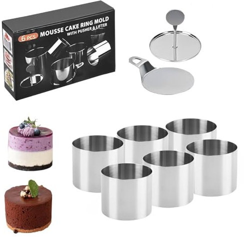 NiC IS COCNG Stampo per Mousse e Cheesecake, 6 Pezzi Acciaio Inossidabile 304, Anelli Tondo Cakes con Base Spingitore e Levastampi, per Dolci, Torte, Panini, Gelato - Stampo Sformo per Cucina