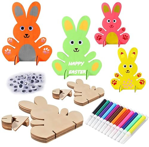 Funmo 10 Stück DIY Osterhase Deko,Hasen aus Holz zum Bemalen, Osterhase Kinder Bastelsets, Bastelset Ostern, Osterhase Holz Bemalen, Ostern Holz Hase, Ostern Basteln DIY, Ostern Holz Bastelset (10)