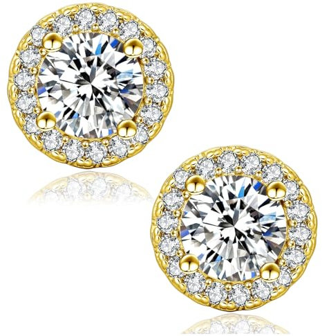 KRKC&CO Moissanite Ohrringe Damen Silber 925, Gold Ohrsteckers Halo, 2,0 Karat echter runde Moissanit Diamant, VVS1 Reinheit D Farbe, 14K Gold vergoldet allergiefrei, Rund