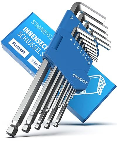 STONE REEF Innensechskantschlüssel Set 13tlg. [inkl. Kugelkopf] - Chrom 1,27-10mm, Sechskantschlüssel Handwerkzeug Set für Handwerker, Winkelschlüsselsatz