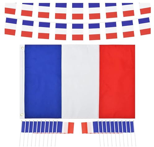 RMMD Drapeau Francais 90x150 cm, 1Pcs 13m Drapeaux France Bannière et 20 pièces Petit Drapeau Francais, Drapeaux jeux Olympiques 2024 Football du Monde Fête Nationale Décor