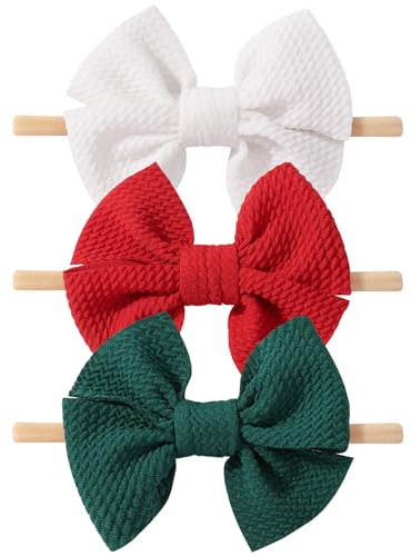 yoyokid 3 cerchietti per capelli con fiocchi natalizi da 10,2 cm, in nylon elastico, per neonati, bambini, bambini, rosso, verde, bianco