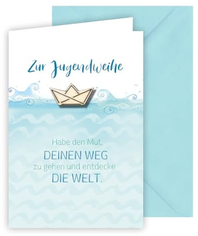 KE - Besondere Karte zur Jugendweihe, Glückwunschkarte, mit Umschlag, mediumblau, Motiv: Wellen, Meer, Schiff, Holzteil, gelasert, Format: B6
