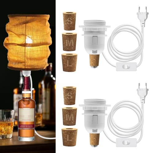 2PCS Adaptateur Bouteille pour Douille de Lampe, 240CM Câble, Blanc Douille E27 avec Interrupteur, Support Lampe Bouteille, 3 Bouchons Souples, Kit Lampe Bouteille pour Différent Abat Jour