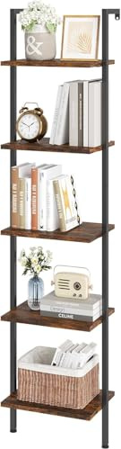 ELYKEN Scaffale a scala, libreria da parete in legno a 5 ripiani con struttura in metallo, organizer aperto vintage, ripiani per soggiorno, camera da letto, Marrone Vintage ETHBS01G1